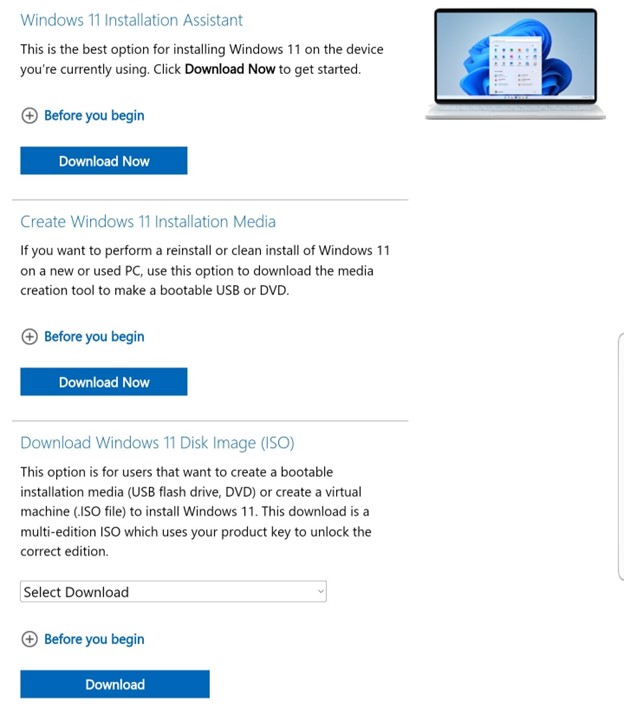 The webpage for downloading of Windows 11 Operating System program 