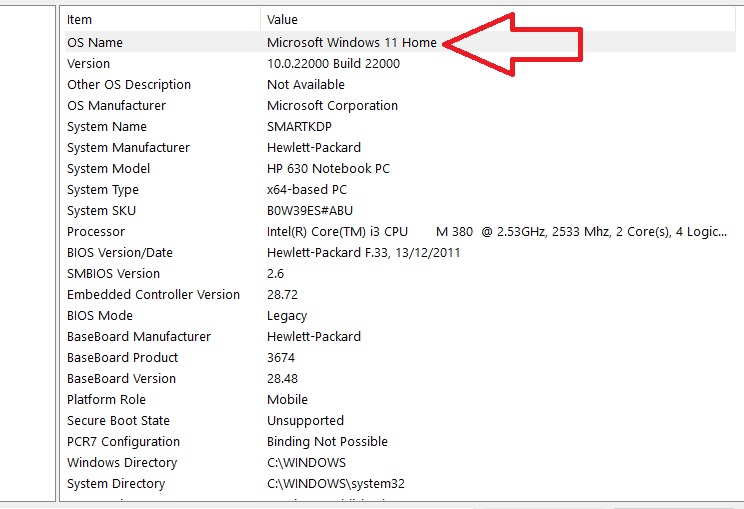 System of a PC that runs Windows 11 Home version