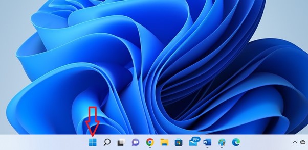 The Start menu of Windows 11 Operating System positioned at the center of the taskbar section