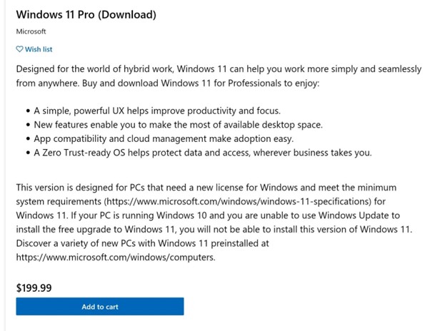 The Windows 11 Pro purchase page