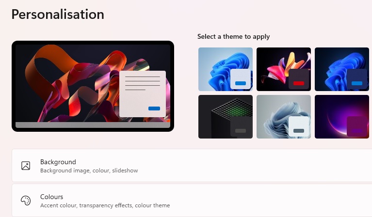 The Personalisation settings page in picture