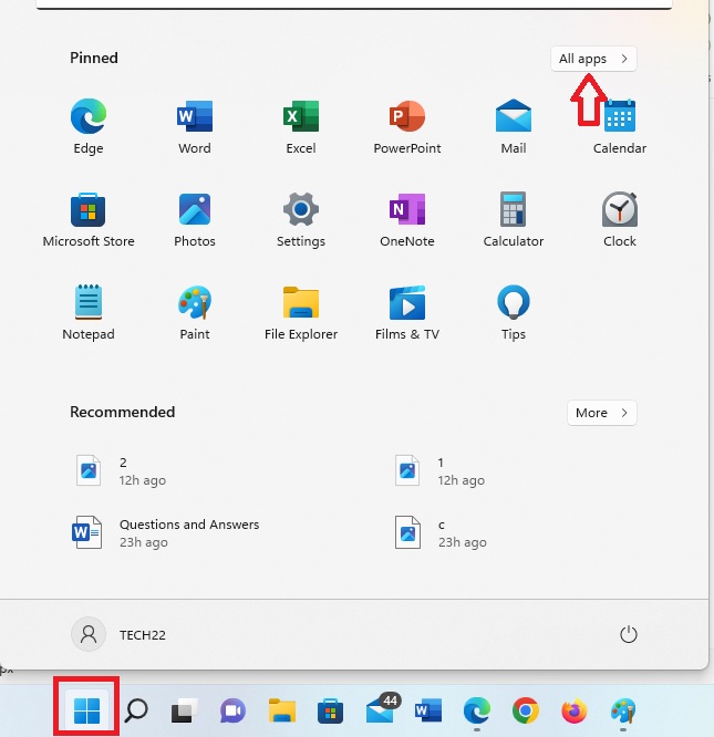 The interface that shows up on clicking on the Start menu/button