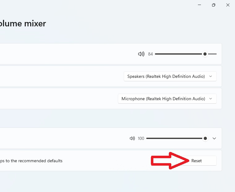 The Volume mixer Settings page