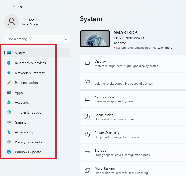 The major settings tab of Windows 11