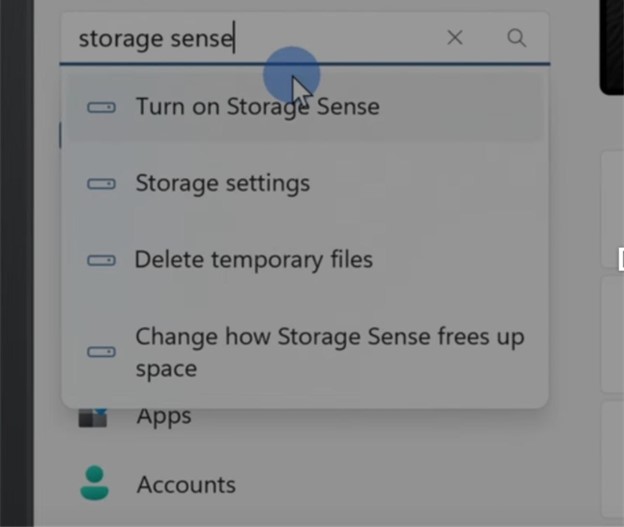 About to access storage sense Settings page