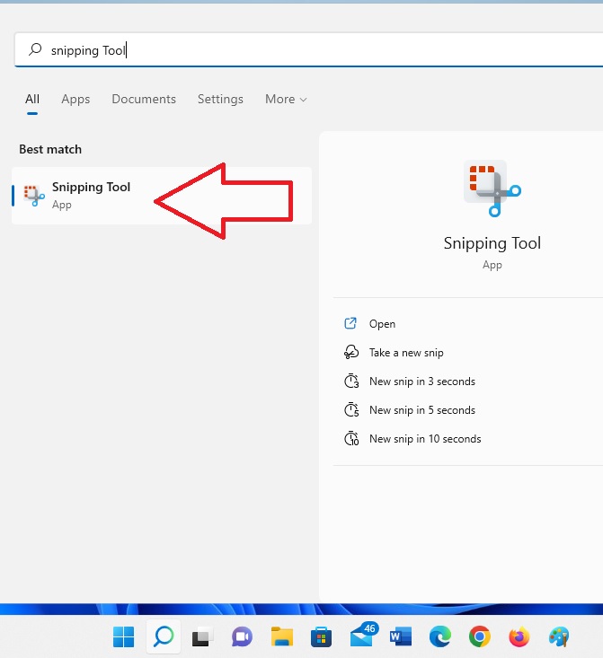 The snipping tool app in the search result