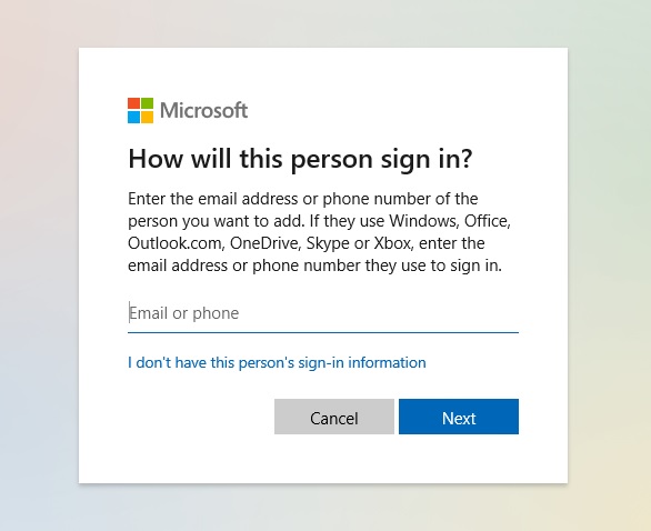 About to create a user account with the user’s Microsoft account details